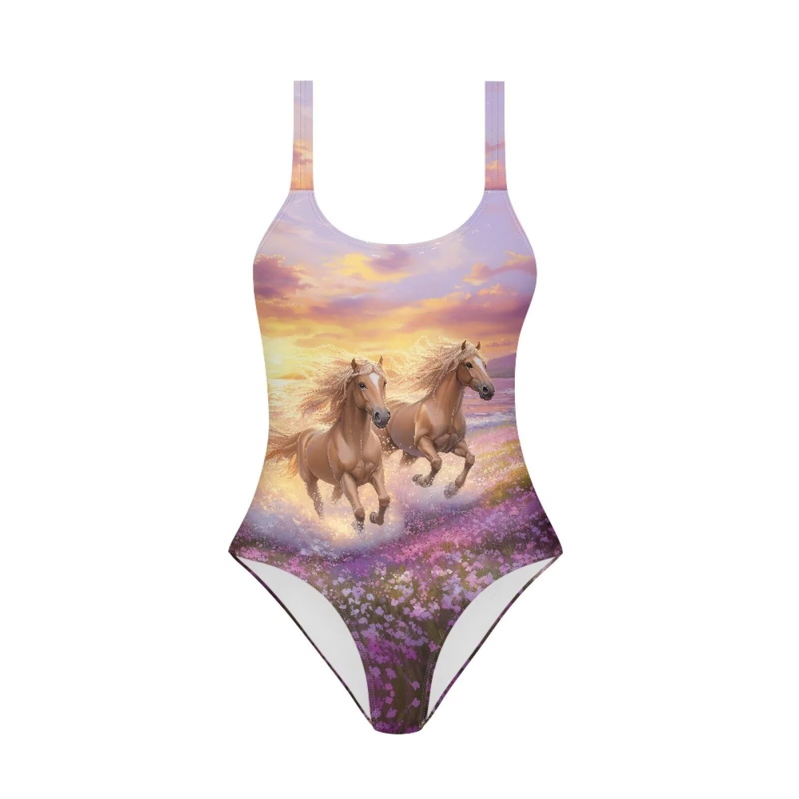 RMMRIYUE Running Horse Lavender One Piece Swimsuits for Teens Crewneck Elastic Casual Bathing Suit Push Up Summer Beach Holiday Swimwears Age 17-18 Years