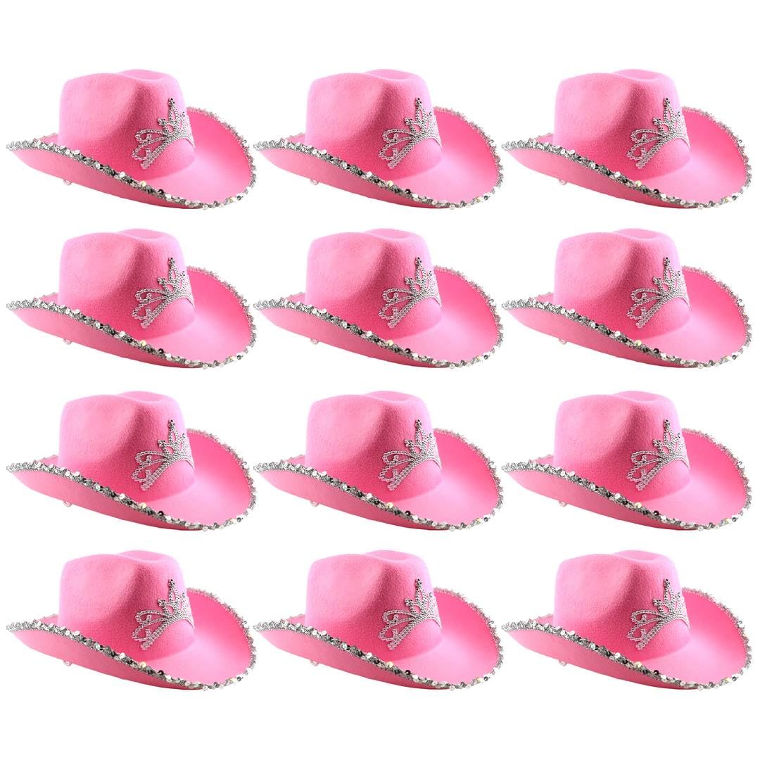 Ladies Pink Cowgirl Hat with Silver Tiara Crown - Sparkly Fancy Dress Accessory for Hen Nights Bachelorette Parties and Western Themed Events - Glamorous Pink Cowboy Hat for Women