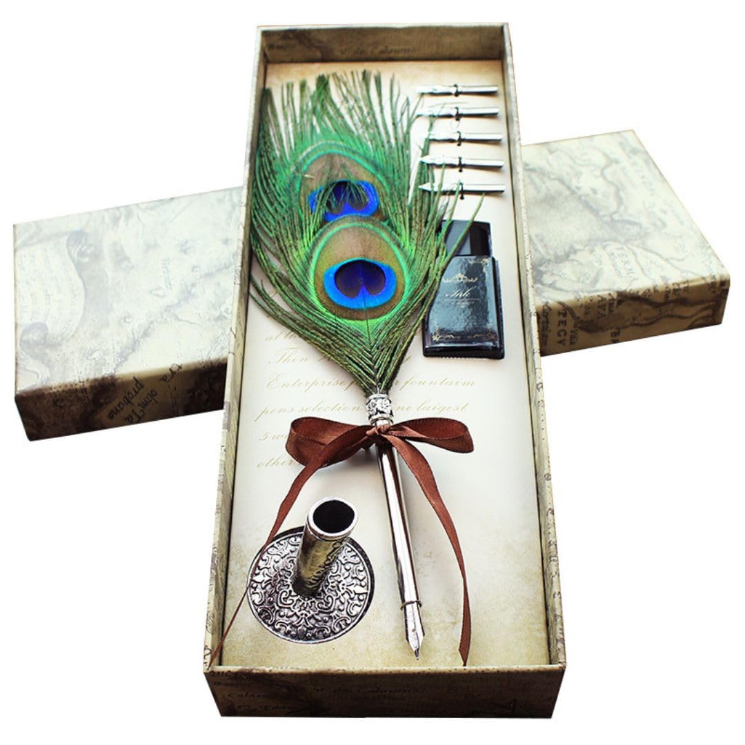 Amazon.co.jp: [セドナの魔法]魔法の国の羽根ペンセット (孔雀） つけペン ディップペンセット ペンスタンド インク 替え芯5本付き つけ ペン ディップペンセット ペンスタンド インク つけペン 万年筆 フェザーペン 羽根ペン アンティークペン Calligraphy set : 文房具  ...