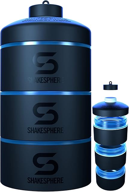 ShakeSphere Stackable Snack Containers - Organizer Carrier for Food, Protein Powders, Nuts & Supplements - 3 Leakproof, Twist Lock Holders - Portable Storage for Lunch, Gym, Travel- Cyan Blue, 85g