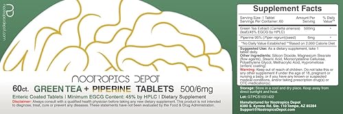 Miniatura 2 de Nootropics Depot Tabletas de extracto de té verde  60 unidades  500 mg  Mínimo 45% EGCG + 6 mg de piperina  Recubierto entérico