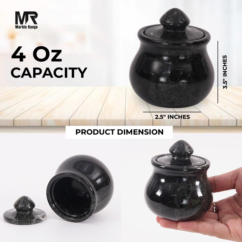 Salero de mármol con tapa de 3.5 pulgadas, color negro, hecho a mano, juego de 2, cuenco decorativo para sal y pimienta para encimera de cocina, especias, azúcar, hierbas y almacenamiento de