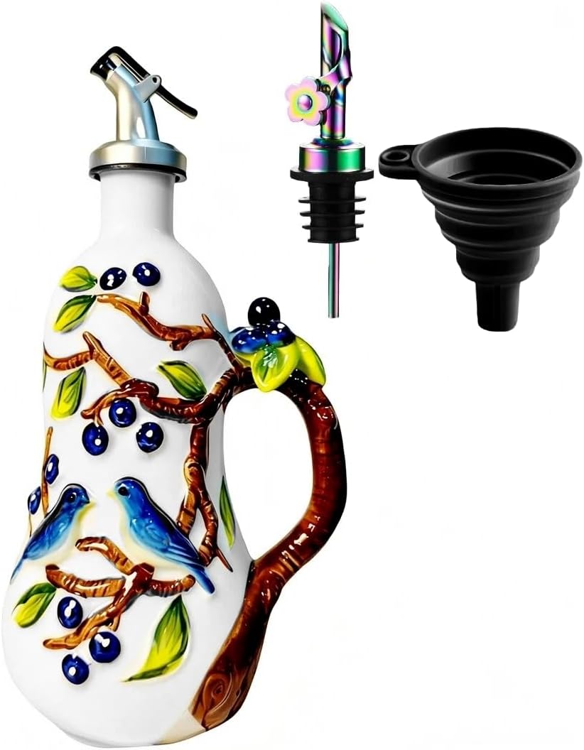 18 oz Hand-Painted Ceramic Relief Olive Oil Bottle Dispenser, with Handle Decorative Olive Oil Dispenser Bottle, Kitchen Ceramic Oil Vinegar Bottle Seasoning Bottle with Stainless Steel Spout & Funnel