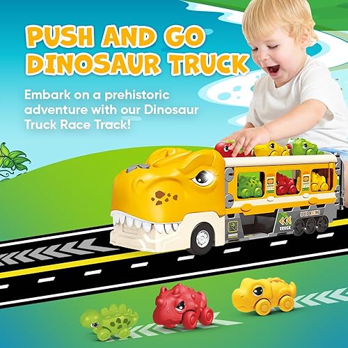 Miniatura 5 de Camión de dinosaurios para niños de 3 a 5 años  Transporte de dinosaurios con pista de carreras plegable y 6 autos de carreras de dinosaurios