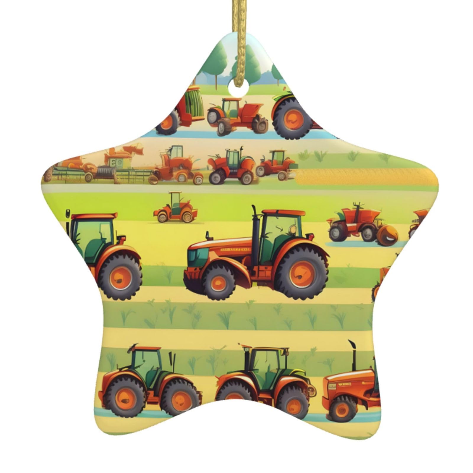 Nbtghga White Tractor Farming Print Christmas Ornaments, Ceramic Hanging Ornament, Round Shape Decorations