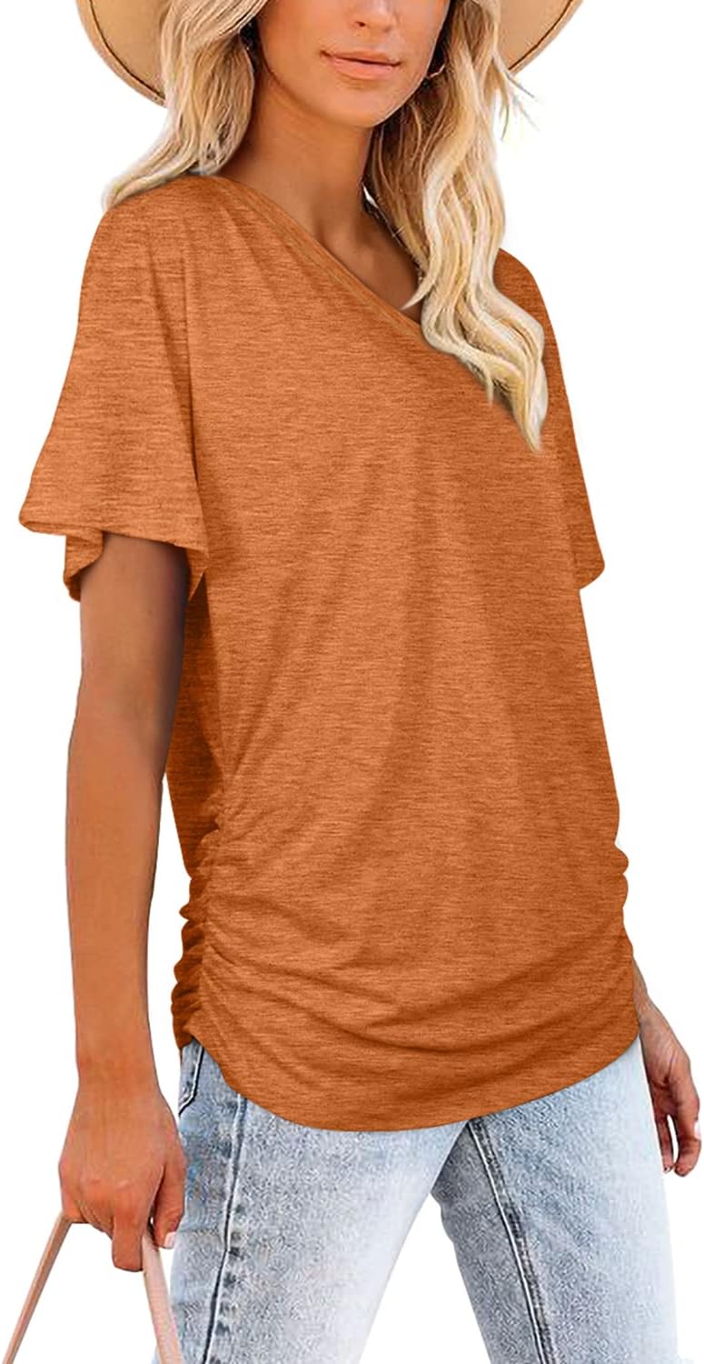 WIHOLL Womens Summer T-Shirts Short Sleeve V Neck Dolman Tops with Side Shirring Loose Fit Shirts Spring Fashion thumbnail