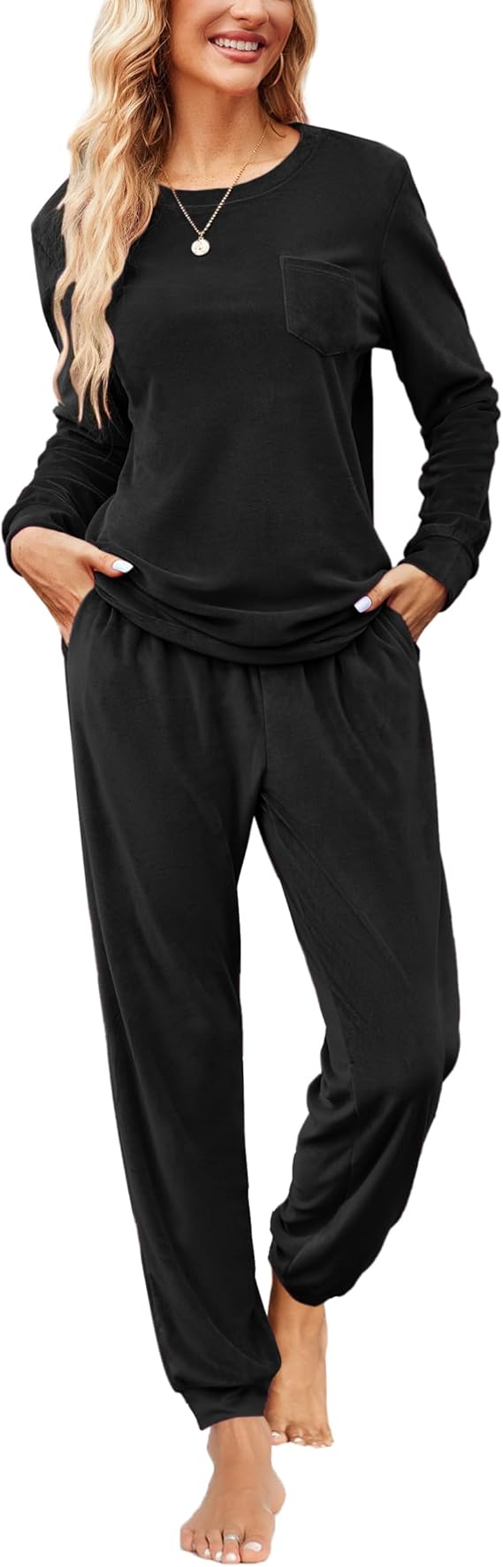 Ekouaer Womens Pajamas Sets Long Sleeve Soft Sleepwear 2 Piece Velvet Pjs Lounge Sets with Pockets