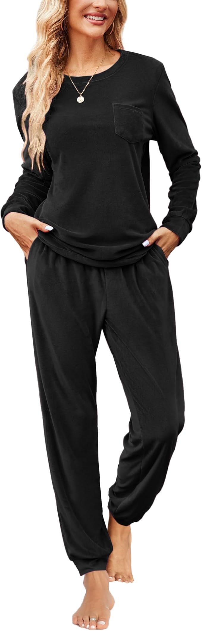 Ekouaer Womens Pajamas Sets Long Sleeve Soft Sleepwear 2 Piece Velvet Pjs Lounge Sets with Pockets