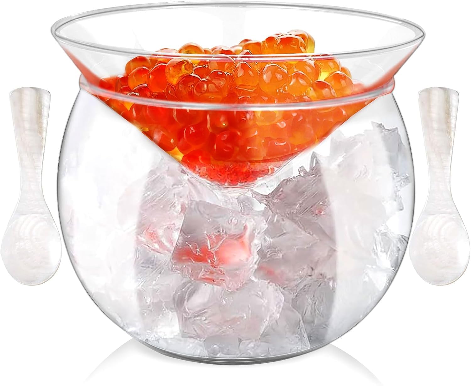 TESIN Glass Caviar Chiller Server Set with 2 Pcs Caviar Spoons, 3.3 Inches Mother of Pearl Spoon Shell Spoon, Universal Martini, Wine, Liquor Cocktail Chiller