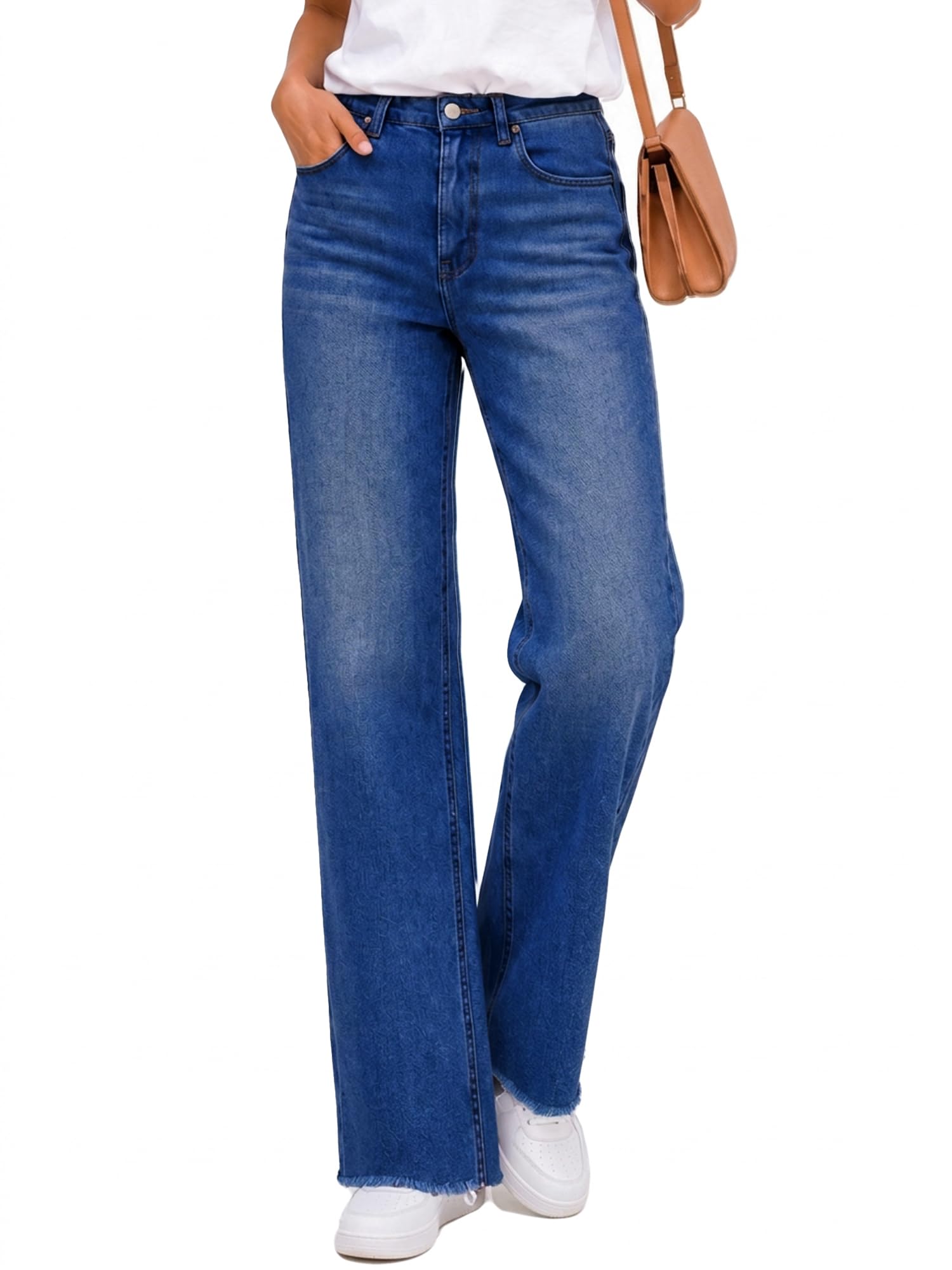 High Waisted Straight Leg Jeans for Women Frayed Raw Hem Stretchy