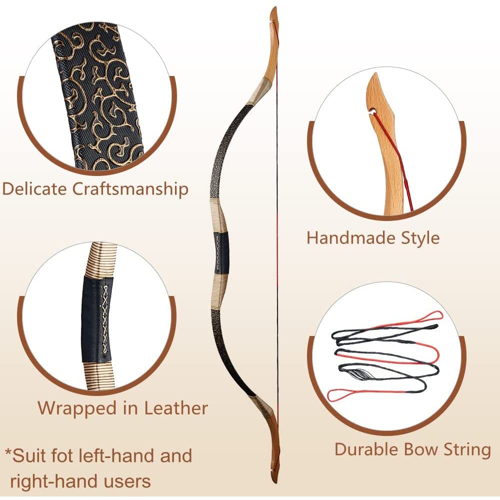 Huntingdoor Longbow Set Arco e Freccia per Adulti 30-50lbs Arco Tradizionale Arco Ricurvo Arco da Cavallo con Frecce in Legno Accessori per Tiro con L'Arco per Pratica del Bersaglio (50lbs)