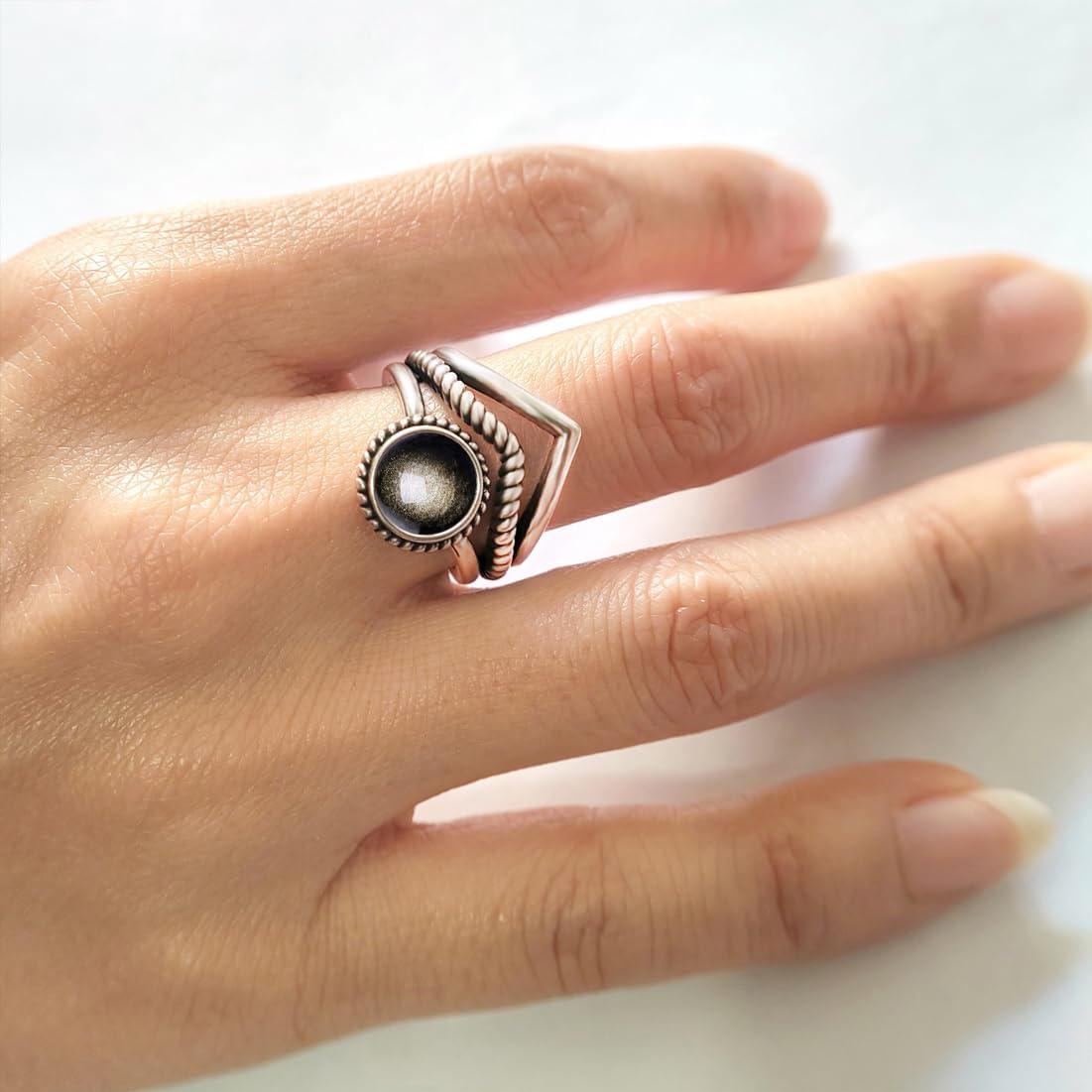 V Shape Stone Chevron Ring,Retro Sterling Silver Natural Round Stone Cystal Quartz Gemstone Three Lines Statement Wide Band Ring Jewelry for Women - Image 3