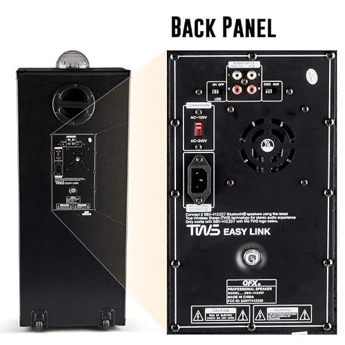 QFX SBX-412207BT TWS Bluetooth Cabinet Speaker with Dual 12" Woofers, LED Party Lights, FM Radio, USB/TF Card Ports, Aux Input, Blue