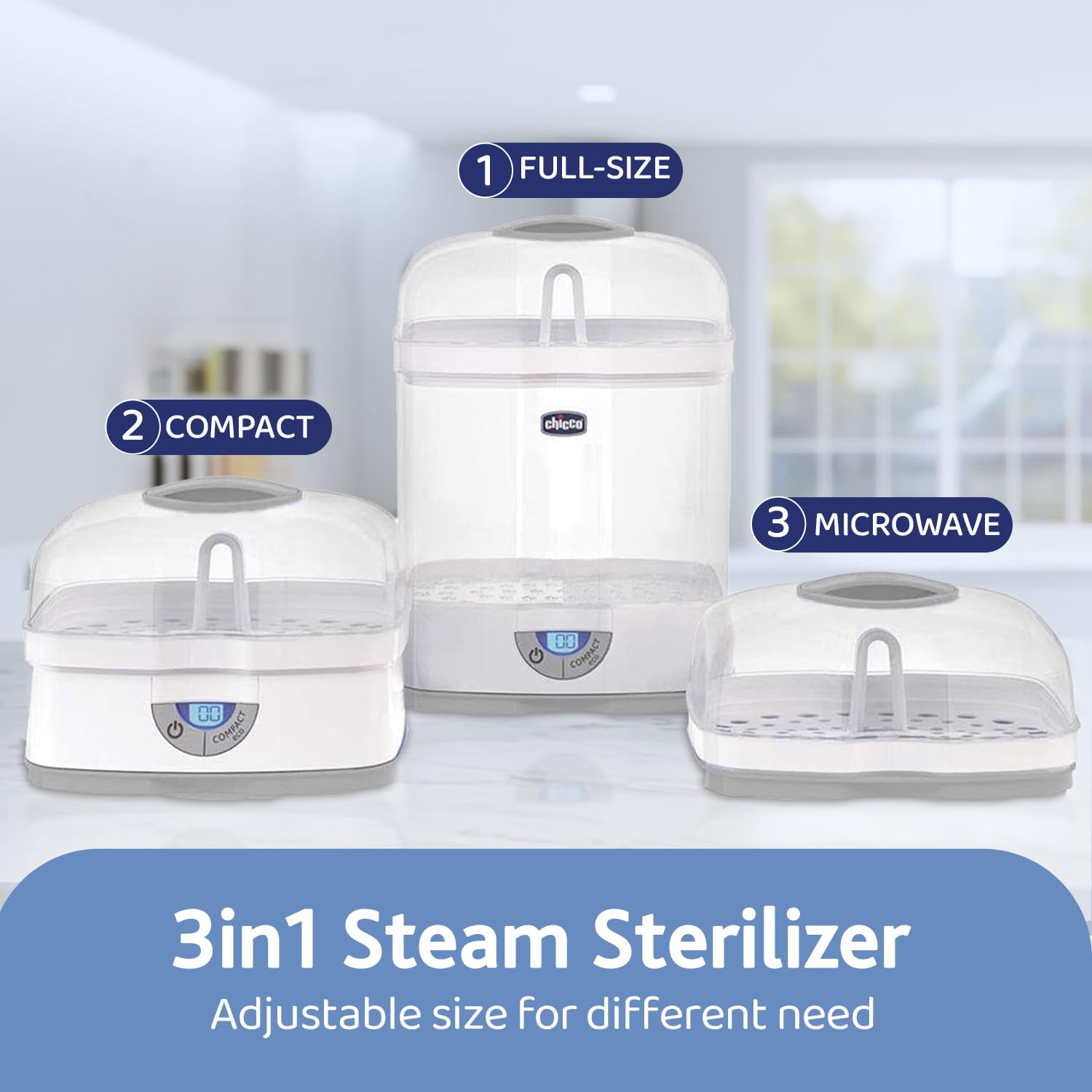 Chicco SterilNatural Sterilizzatore Biberon 3in1, Sterilizzatore Modulare a Vapore Naturale Adatto per il Microonde, con 3 Configurazioni, Veloce e Facile da Usare, Fino a 6 Biberon da 330 ml, Bianco