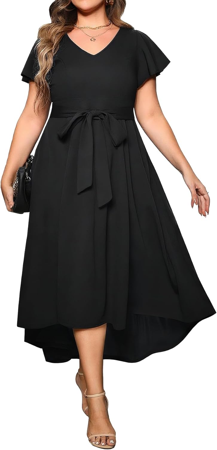 Pinup Fashion Plus Size Wedding Guest Dress Formal - Flutter Sleeve Cocktail Party High Low Dresses with Pockets