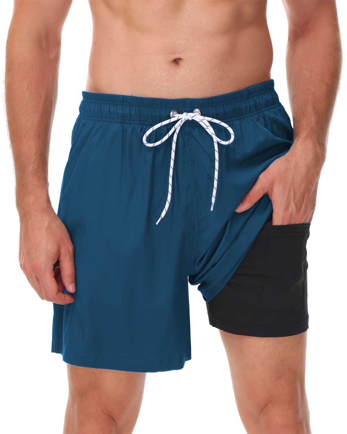 SeisochoMens Swim Trunks with Compression Liner Swim Shorts Bathing Suits Swimwear Zipper Pockets
