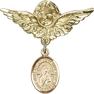 14kt Yellow Gold Baby Badge with Our Lady of Perpetual Help Charm and Angel w/Wings Badge Pin 1 1/8 X 1 1/8 inches