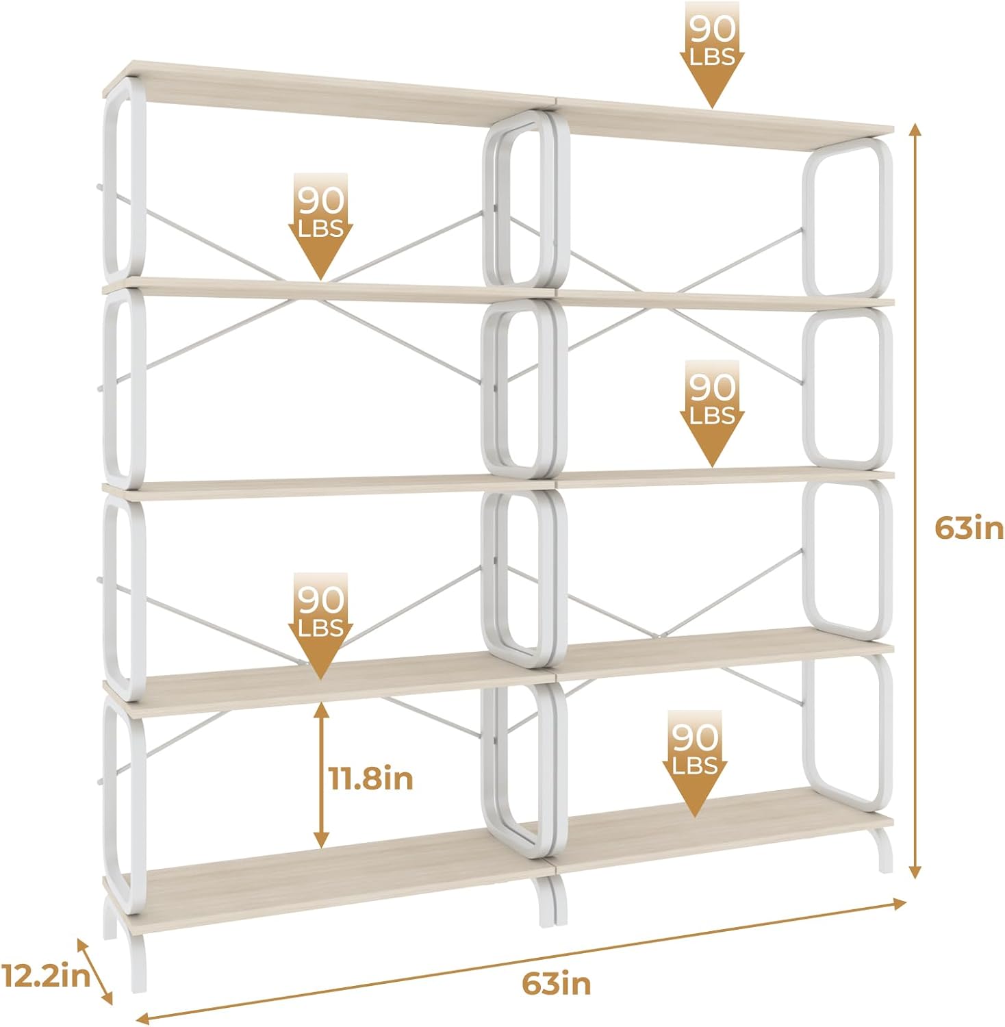 Rovibek 5 Tier Bookshelf, Double Wide Industrial Bookcase, Modern White Book Shelf, Metal and Wood Storage Organize for Bedroom, Living Room, Kitchen, Office, Entryway
