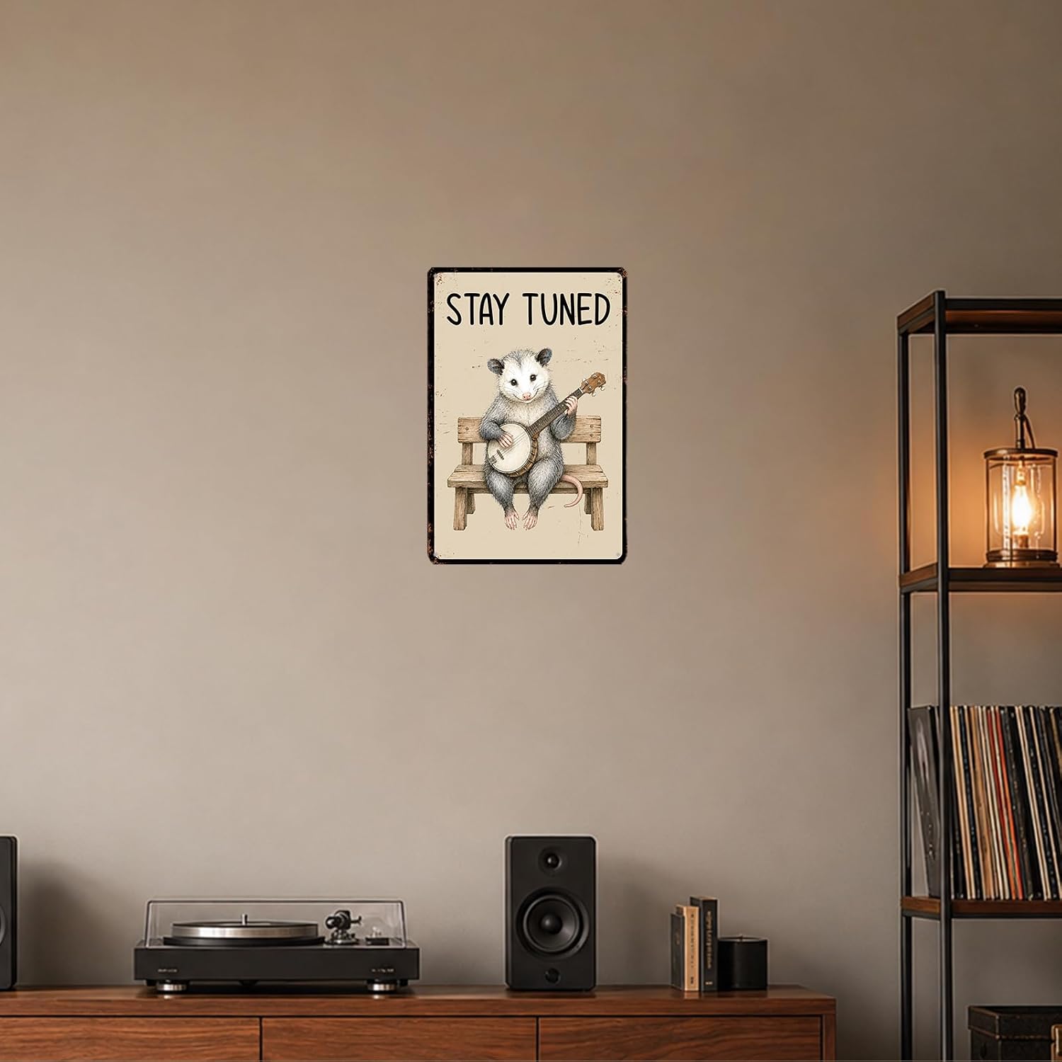 Funny Opossum Playing Banjo Metal Sign Stay Tuned Wall Decoration image 4