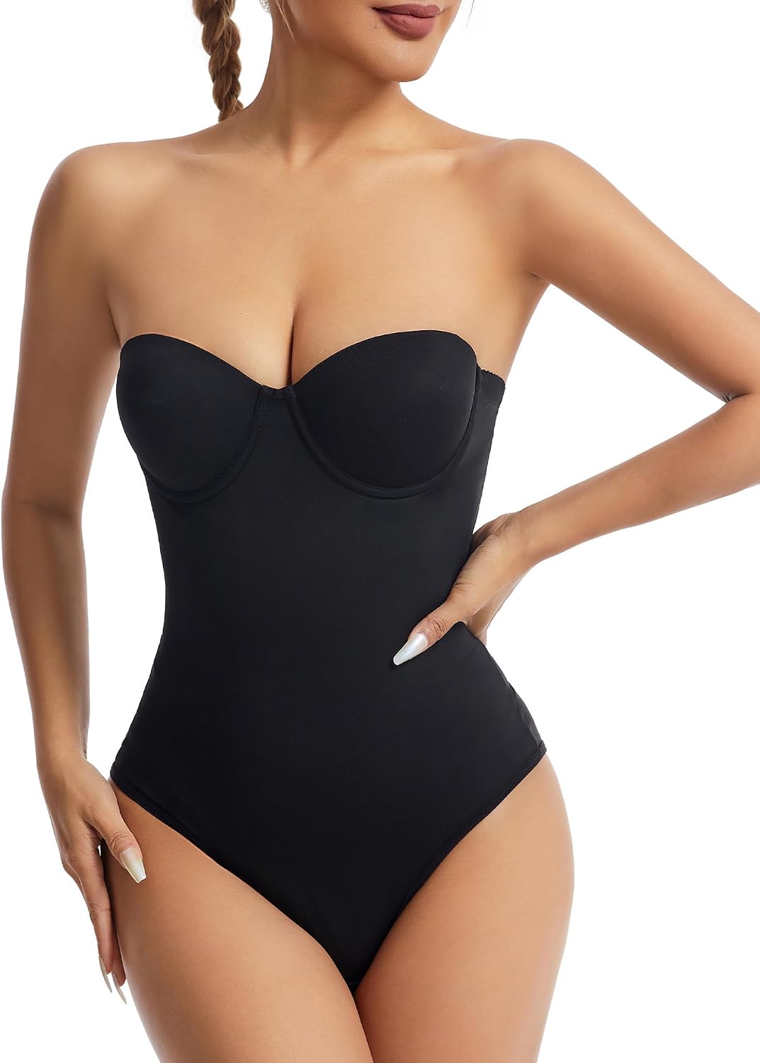 Strapless Shapewear Bodysuit for Women Tummy Control Seamless Thong Body Shaper with Built In Bra
