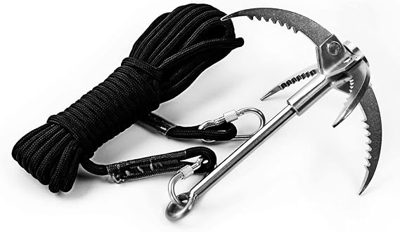 CYFIE Grappling Hook with 10m/33ft 8mm Auxiliary Rope, Stainless Steel Claw Carabiner for Outdoor Activity, Camping, Hiking, Branch Removal, Magnet Fishing Tool
