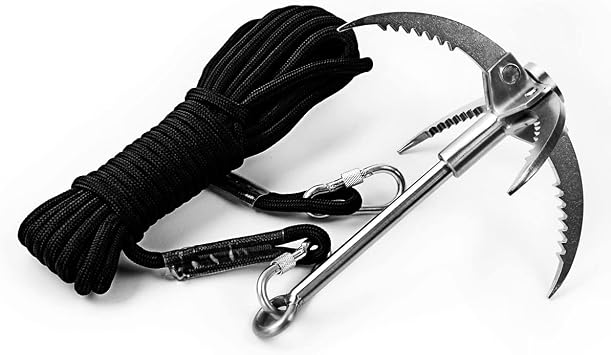 CYFIE Grappling Hook with 10m/33ft 8mm Auxiliary Rope, Stainless Steel Claw Carabiner for Outdoor Activity, Camping, Hiking, Branch Removal, Magnet Fishing Tool