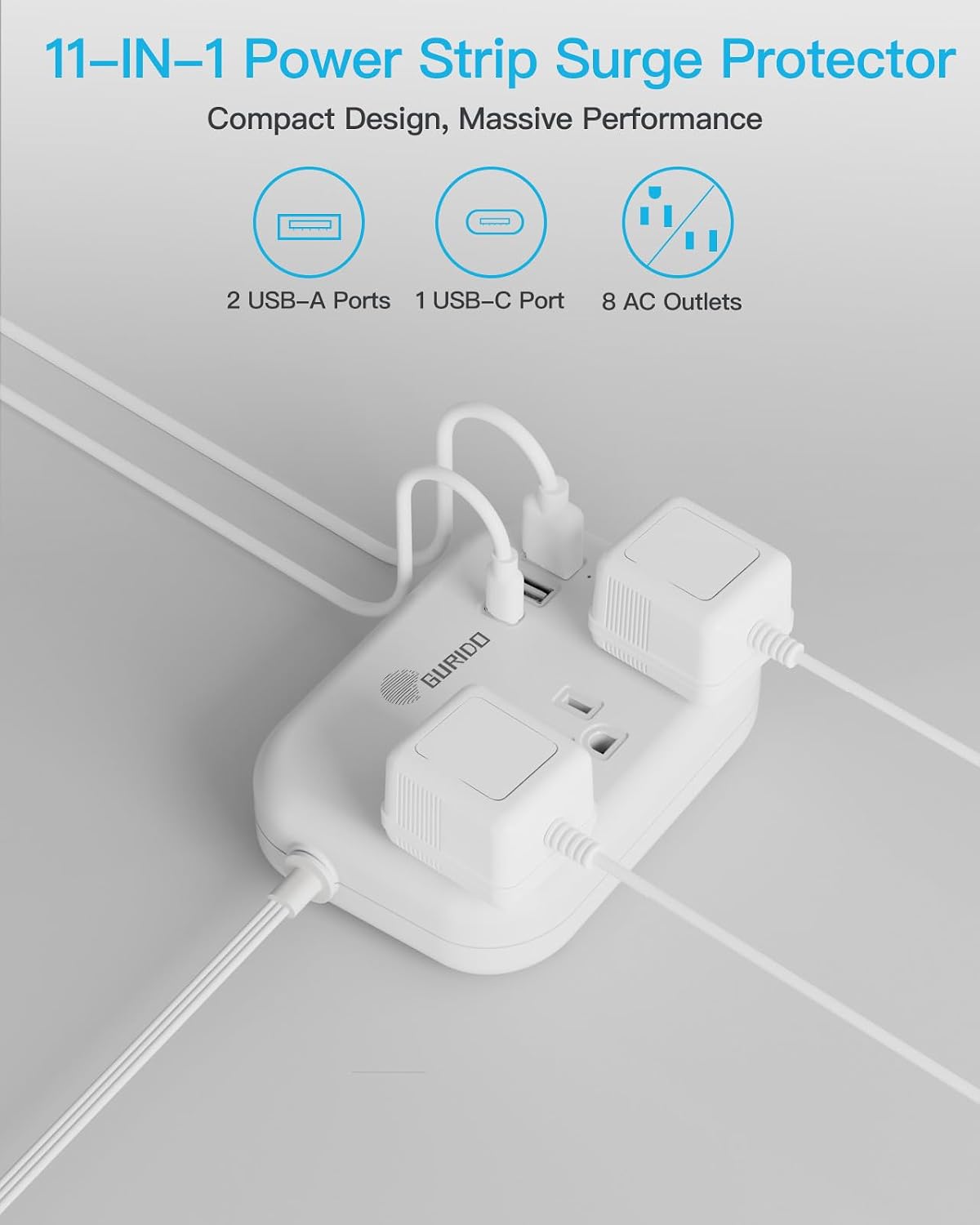 Power Strip with 3 USB Ports, Power Adapter with 5 ft Extension Cord, White, Portable Travel Power Strip with Multi Outlet for Home Travel Office