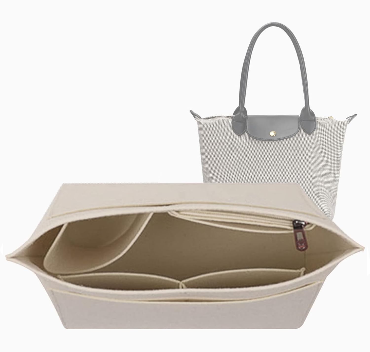 SAMMOOSAMMOO Tote Bag Organizer Insert for Longchamp le pliage Large, Tote Insert Purse Organizer Felt Handbag Zipper Bag Organizer (Beige-M)