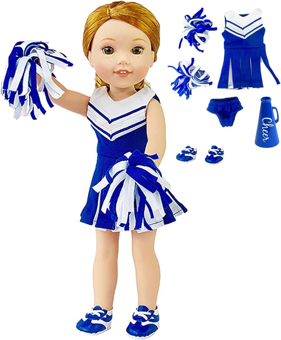 American Fashion World Blue Cheerleader Outfit for 14.5 Inch Dolls – Includes Dress, Underwear, Sneakers, Pom Poms & Megaphone