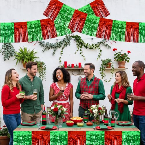 Image of BEISHIDA 3 Pack Red Green Foil Fringe Garland 30ft Wall Tinsel Banner