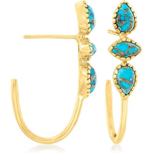 Ross-Simons Turquoise Geometric J-Hoop Earrings in 18kt Gold Over Sterling