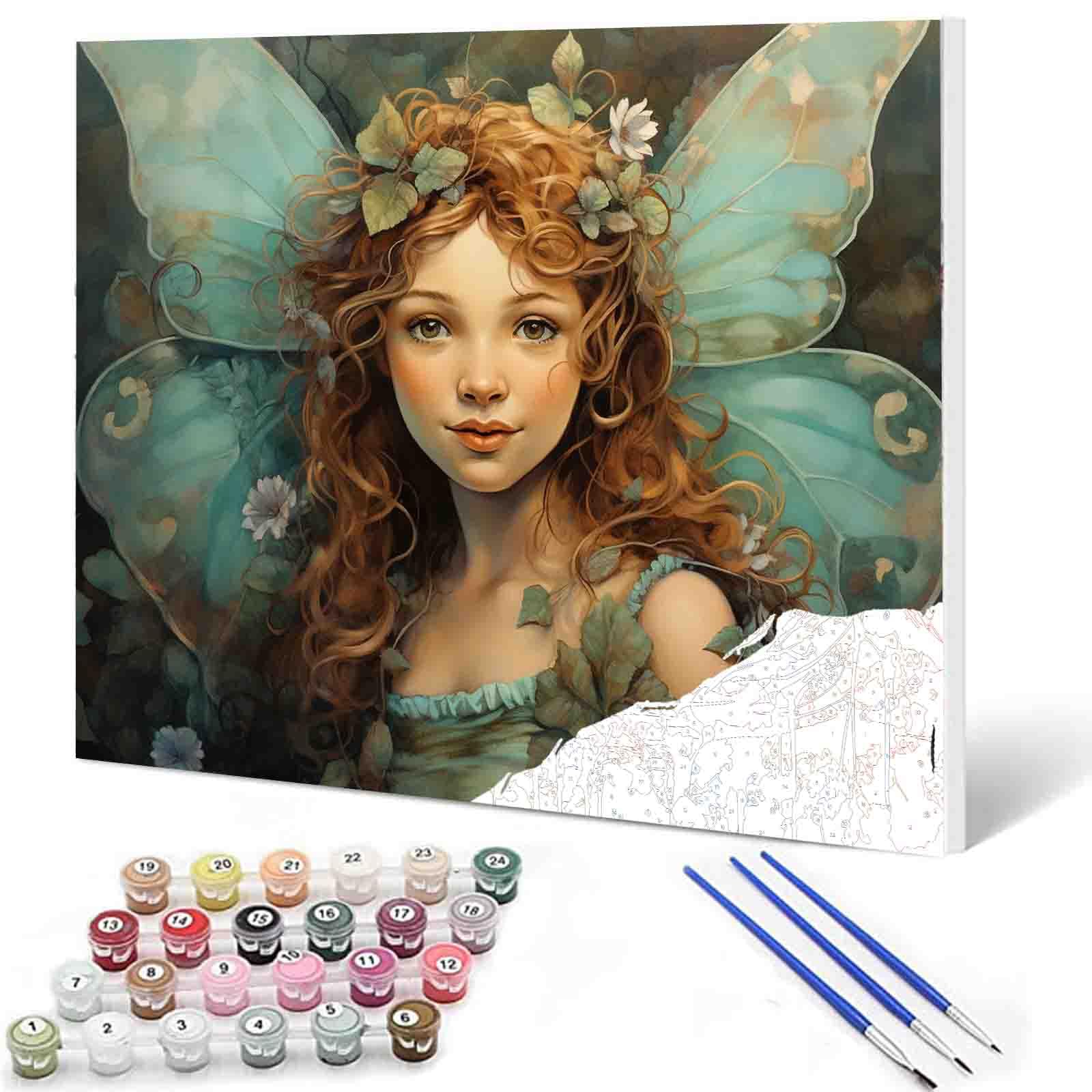 Little Girl Angel DIY Paint by Numbers for Adults Blue Wings DIY Digital Oil Painting Acrylic Paint Angel Leaves Flowers Painting Kits Canvas With Acrylic Paint Room Decor 16x20 Inch （without Frame ）