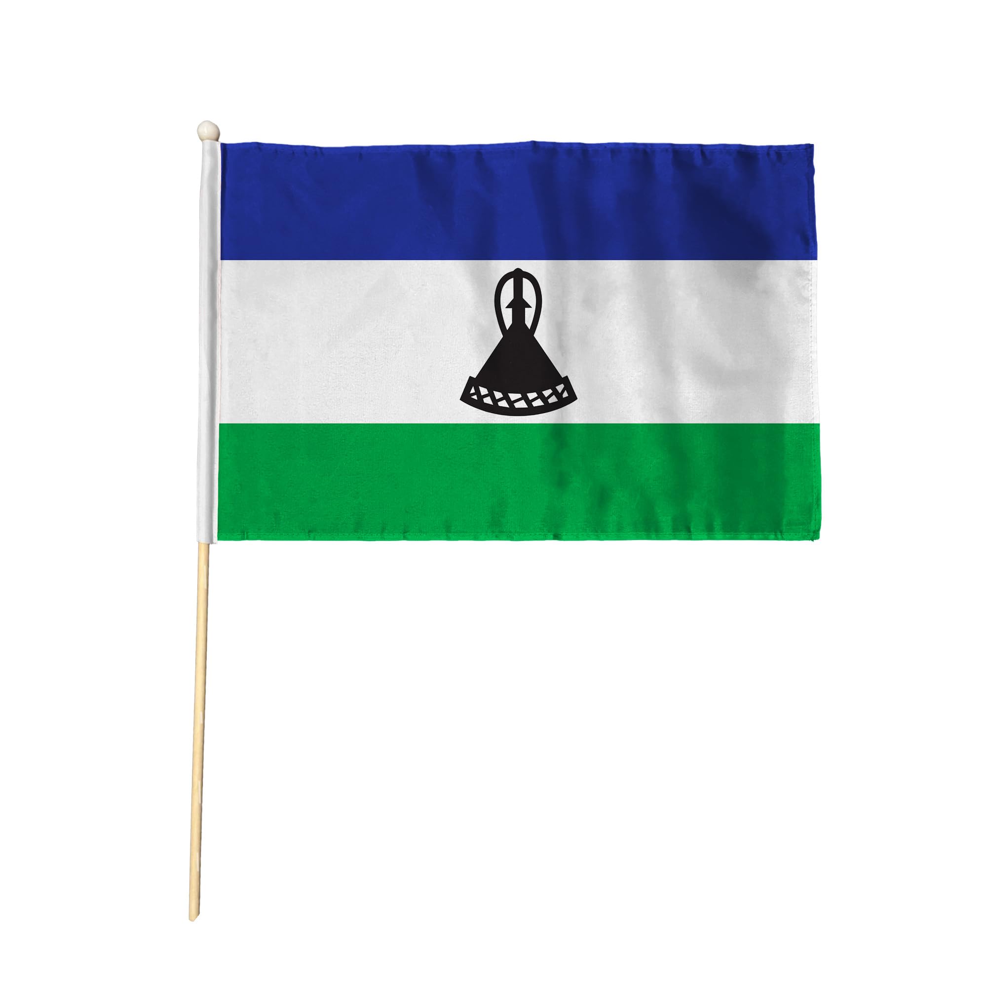 Flagtex Lesotho (New) Hand Waving Flag (18x12 Inch Large) - Premium Wooden Stick Hand Flag Big Size Natural Wood Pole Basotho National Flag