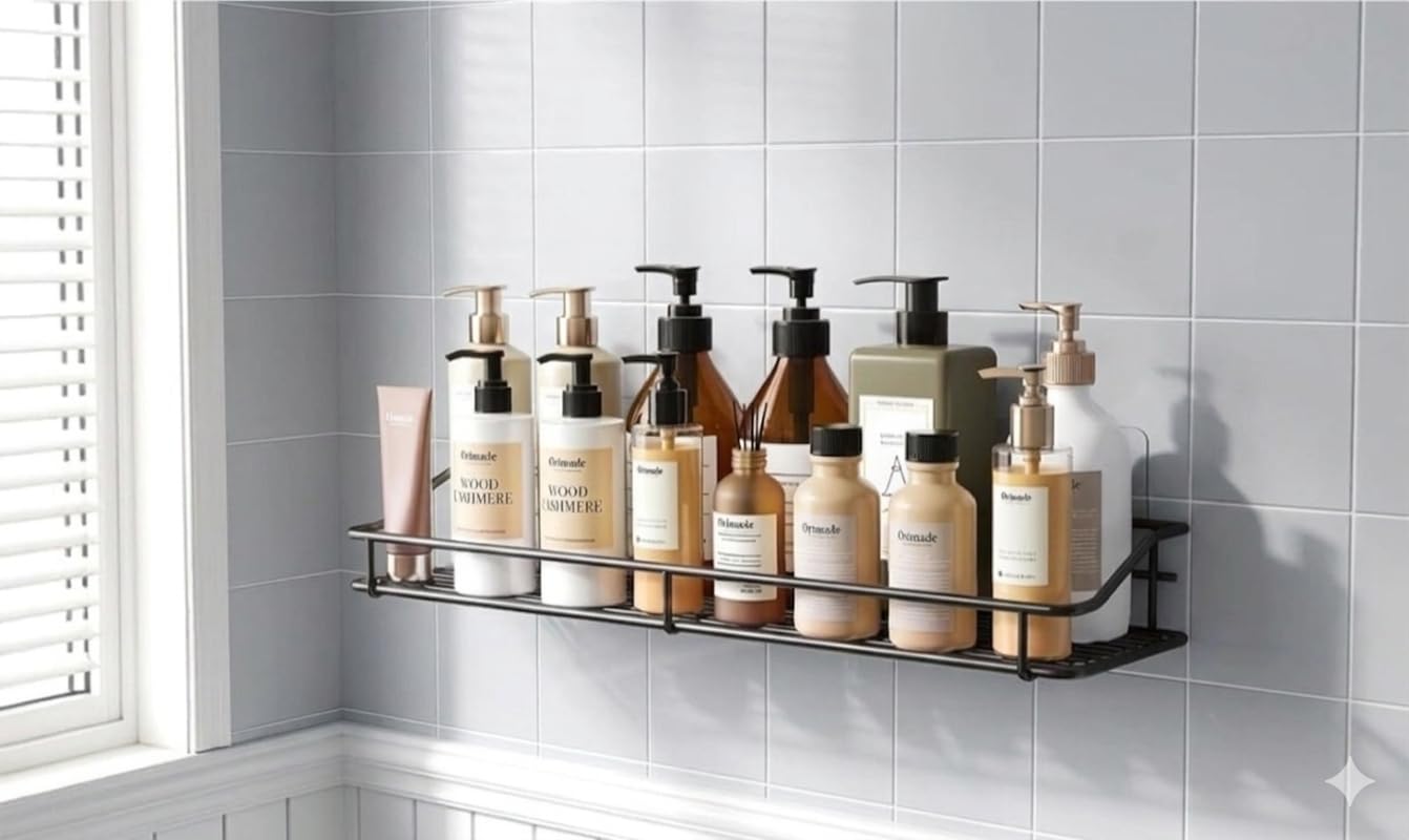 Bathroom Shelf Wall Mounted No Drill, Shower Caddy Self Adhesive Storage Rack, Rustproof Stainless Steel Bathroom Organizer for Shampoo, Conditioner, Kitchen & Toilet Accessories Holder (Black)-image-17