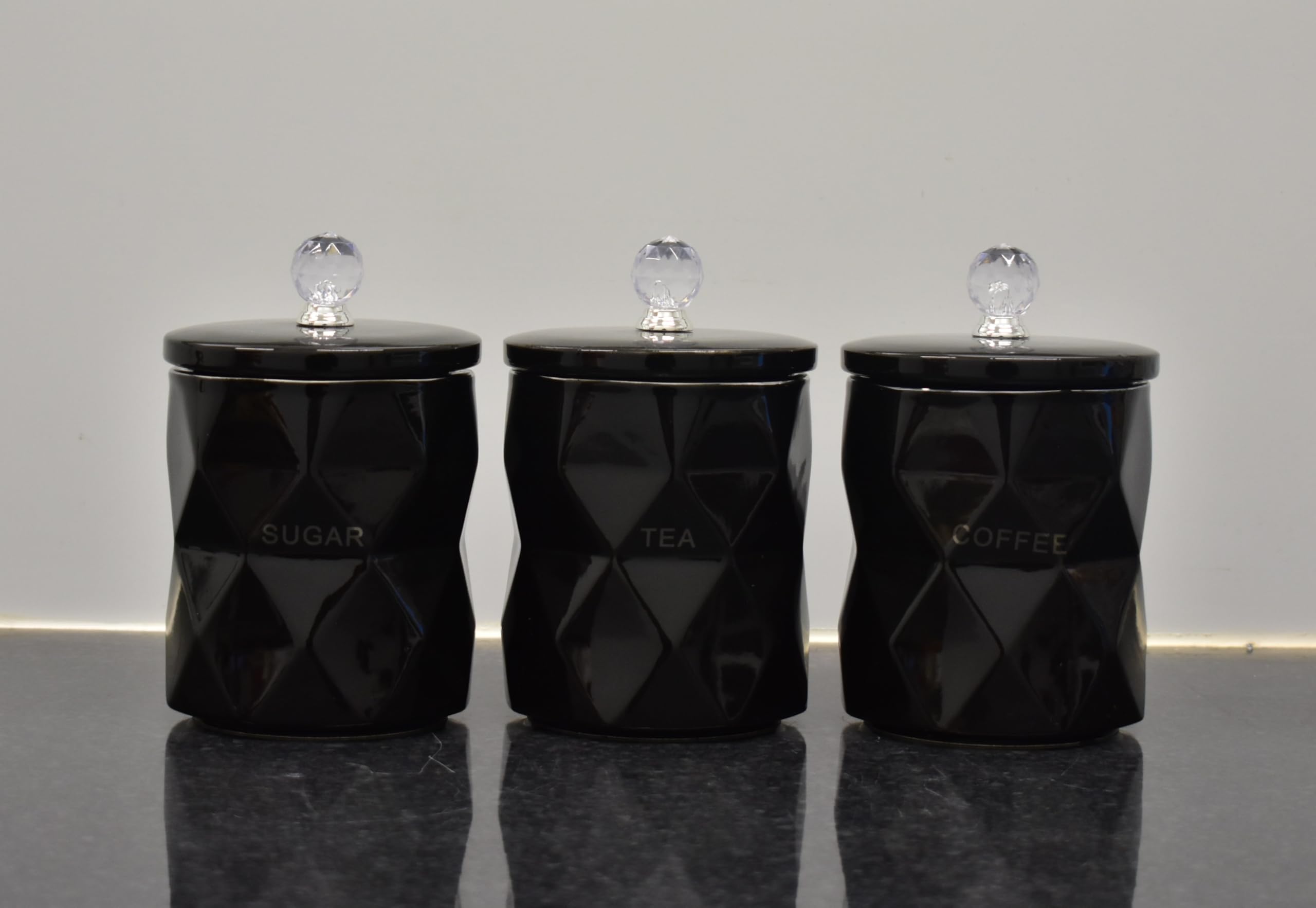 Biznest Black Sbiznest Set Of 3 Marble Design Coffee Tea Sugar Canisters Container Kitchen Jar Pots Crystal Best For Gift Home Decor (Black)