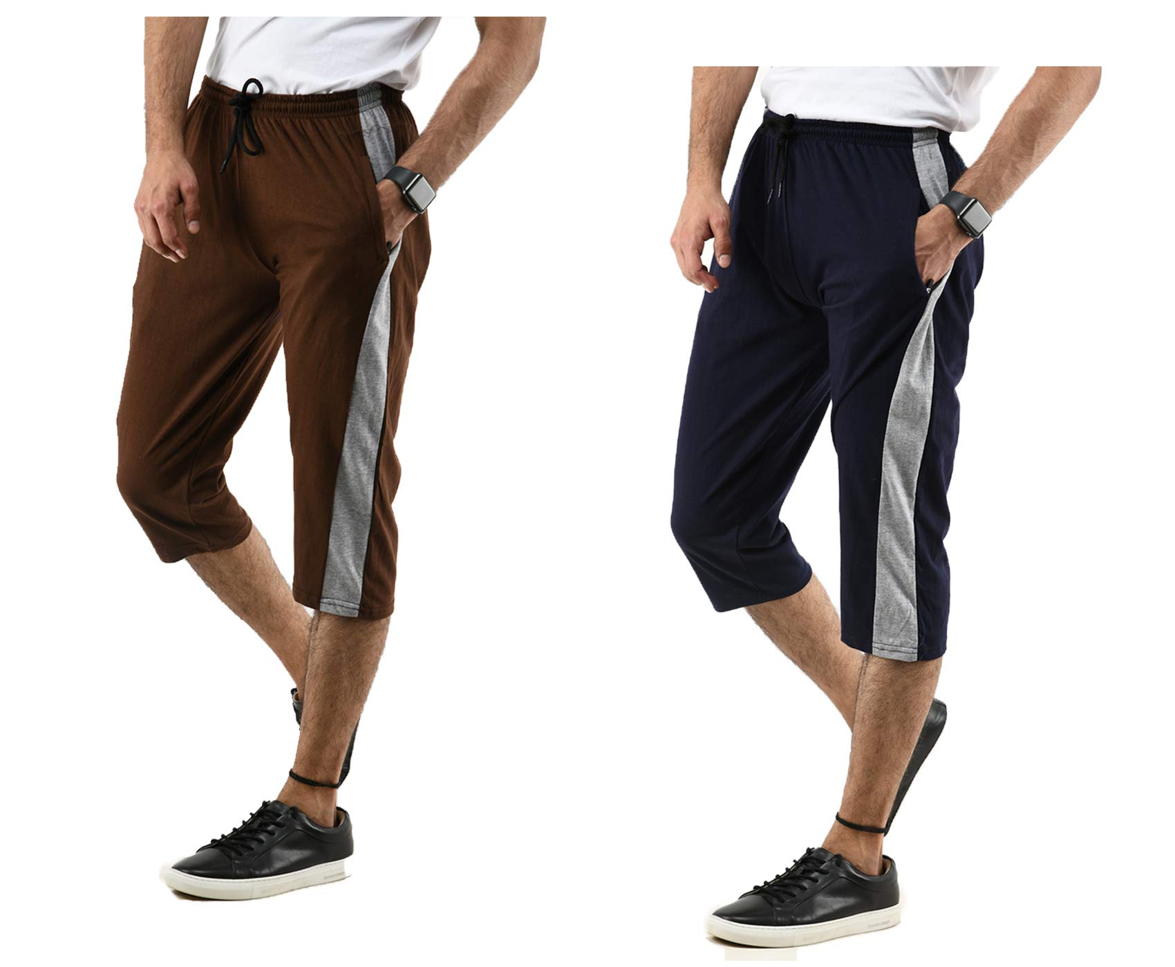 Pack of 2 Men’s Cotton Capri Pants with Side Stripe, Dual Side Pockets and Adjustable Drawstring Waist – Comfortable Knee-Length Casual & Active Wear-image-23