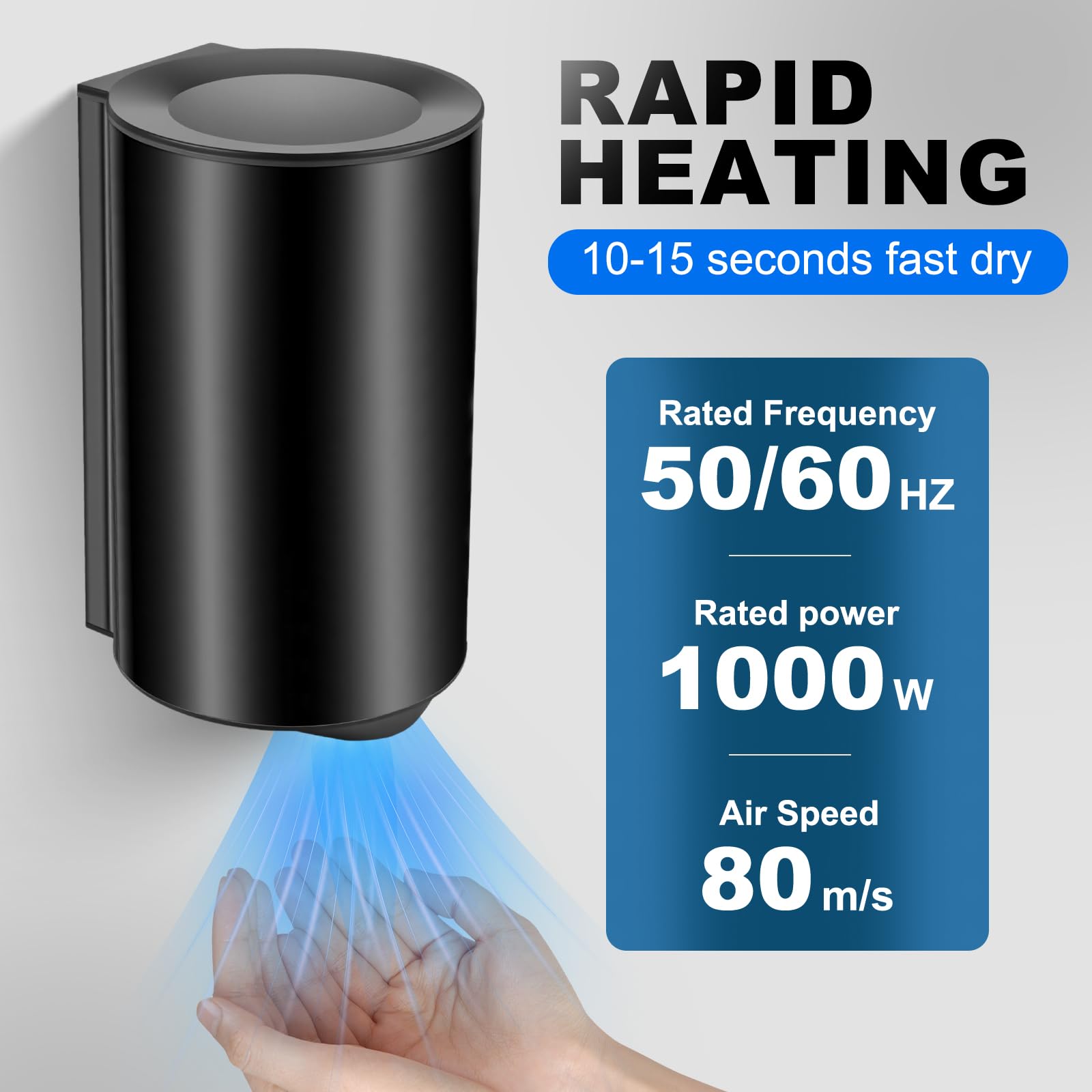 QL Asciugamani Elettrico,Asciugamani Elettrico Bagno Automatico con Fotocellula,Compatto ad Alta velocità Asciugamani,a Parete,Nero in Acciaio Inossidabile 1000W