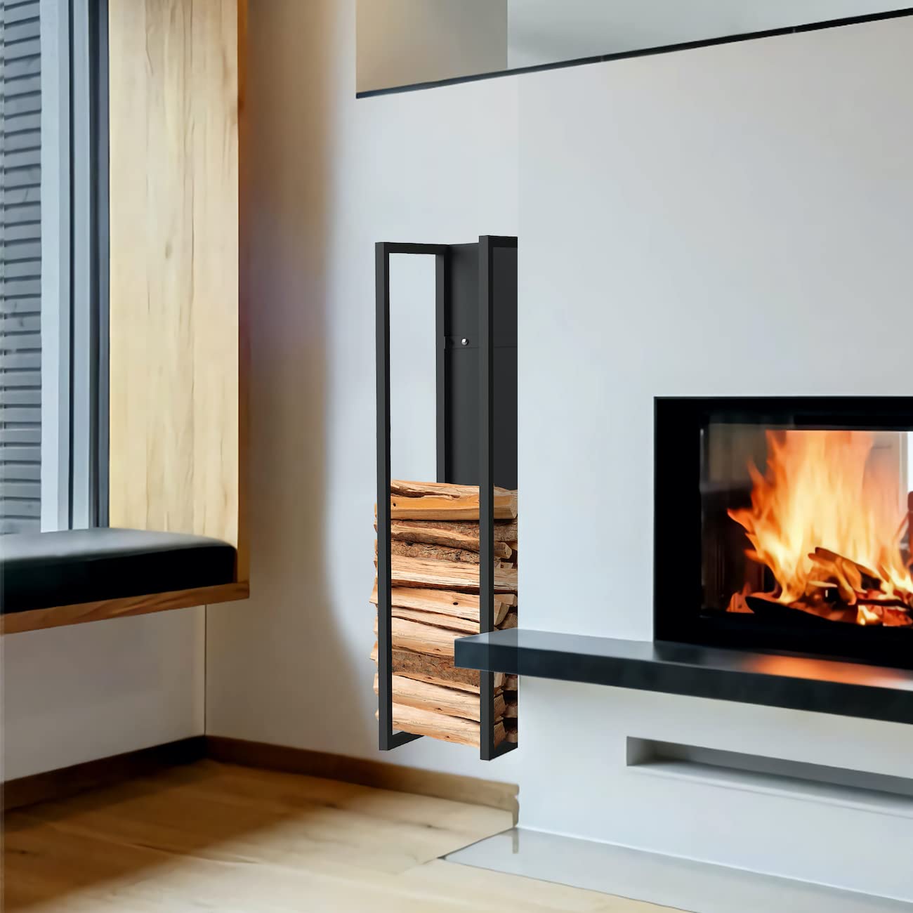 DanDiBo Scaffale per legna da ardere interno in metallo nero, supporto per legna da ardere, 100 cm, con parete posteriore sospesa a parete 96357, cestino per legno per caminetto, mensola in legno