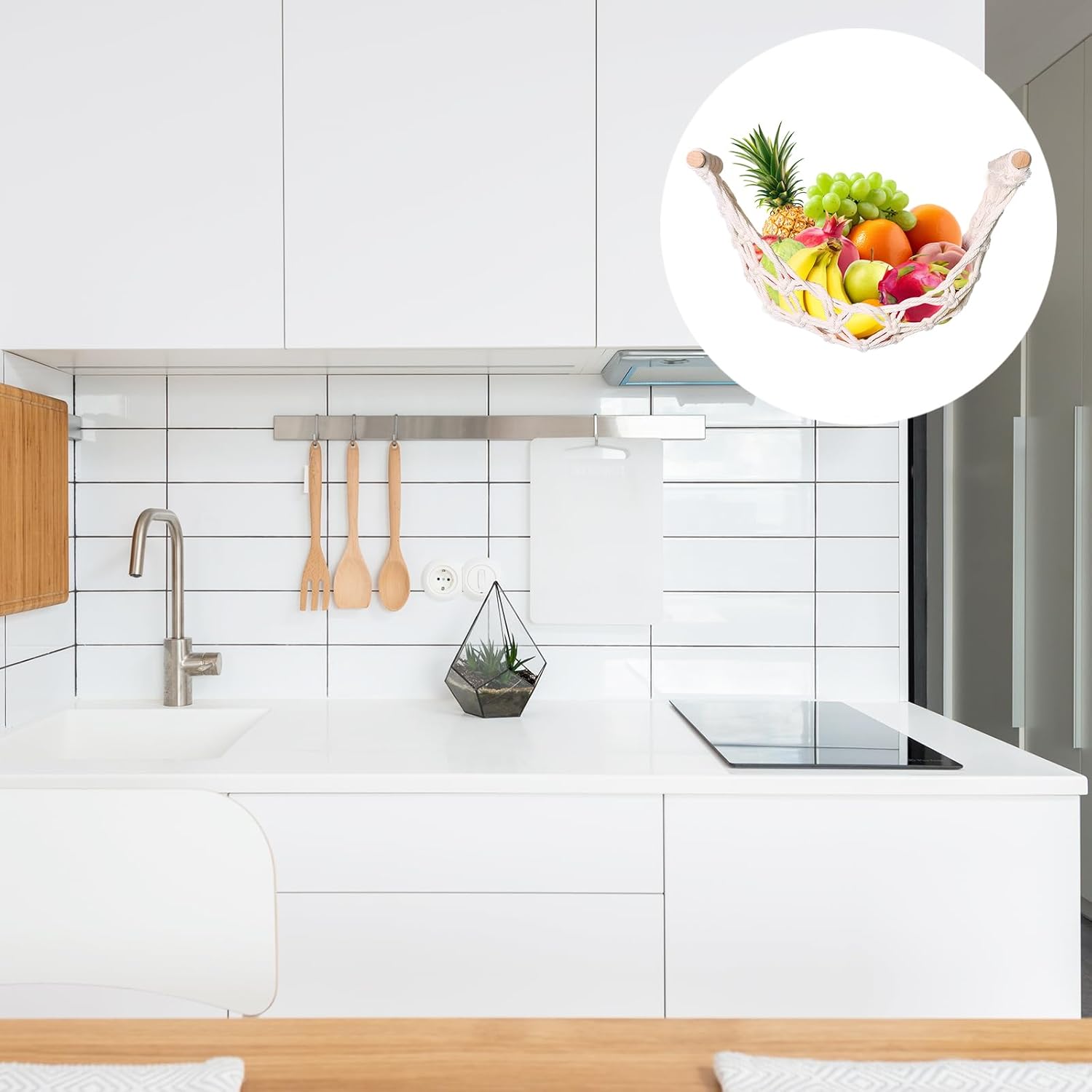 Fruit Basket Hammock Under Cabinet Adhesive, Woven Vegetable Hanging Basket, Fruit Storage for Kitchen with Banana Hook, Mesh Fruits Holder Organization for Home Dining Room Decor (1Pcs) 3 61issnGpIHL. AC SL1500