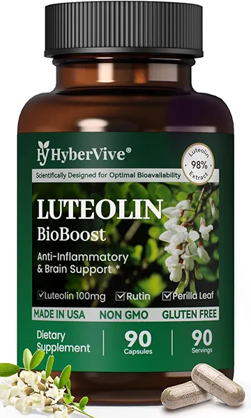 HyberVive Luteolin Supplement 200mg, with Rutin & Perilla Leaf– Plant-Based Flavonoid Supplement for Brain Health, Immune Support & Inflammatory Balance – Made in USA, 90 Vegan Capsules