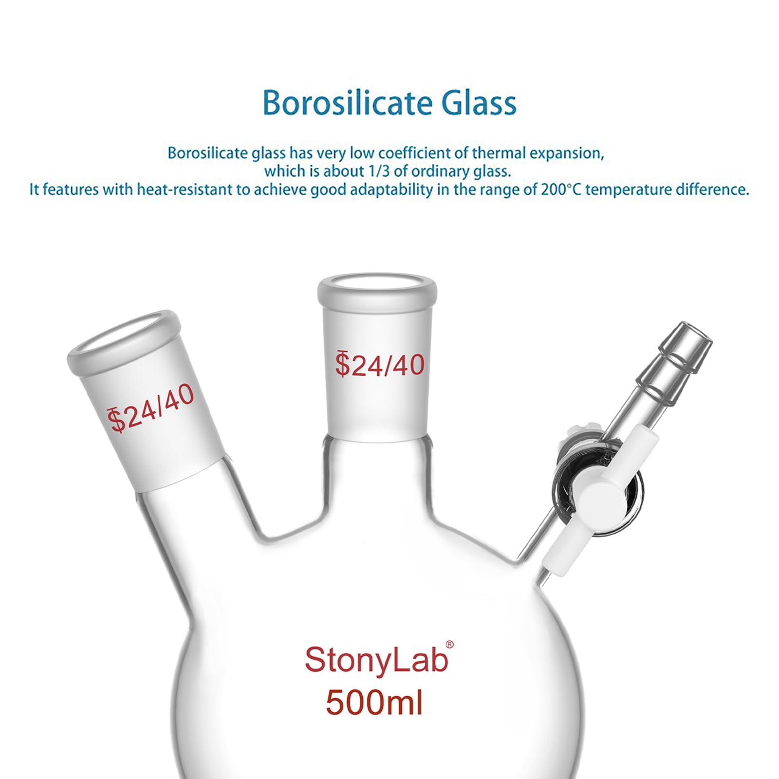 stonylab Fiole de Réaction à 2 Cols, Récipient à Fond Rond avec Robinet à Boisseau PTFE et Joints 24/40, pour Réactions de Laboratoire (500 mL Capacité)