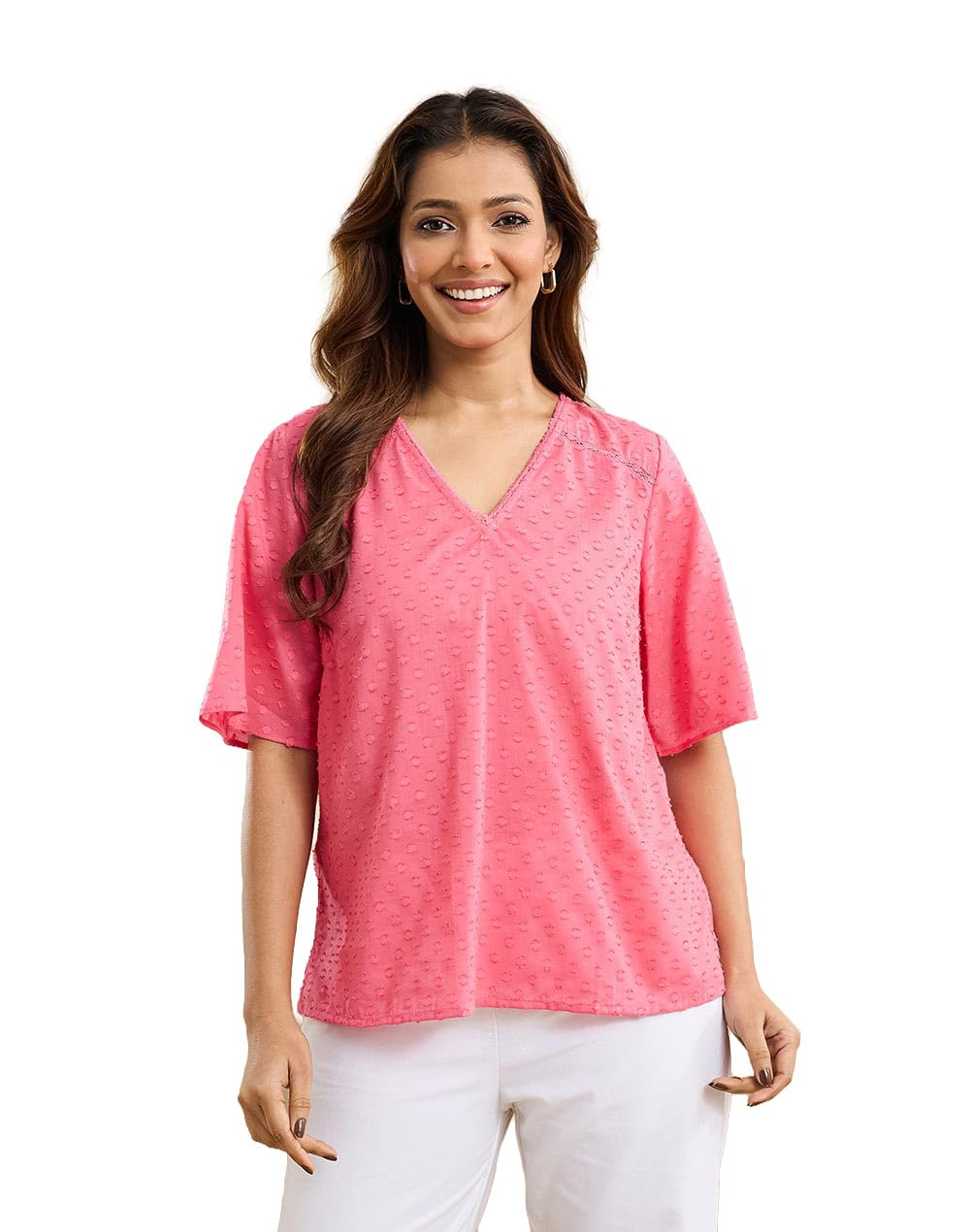 Haut en coton rose vêtement été col V texture Dobby - 7