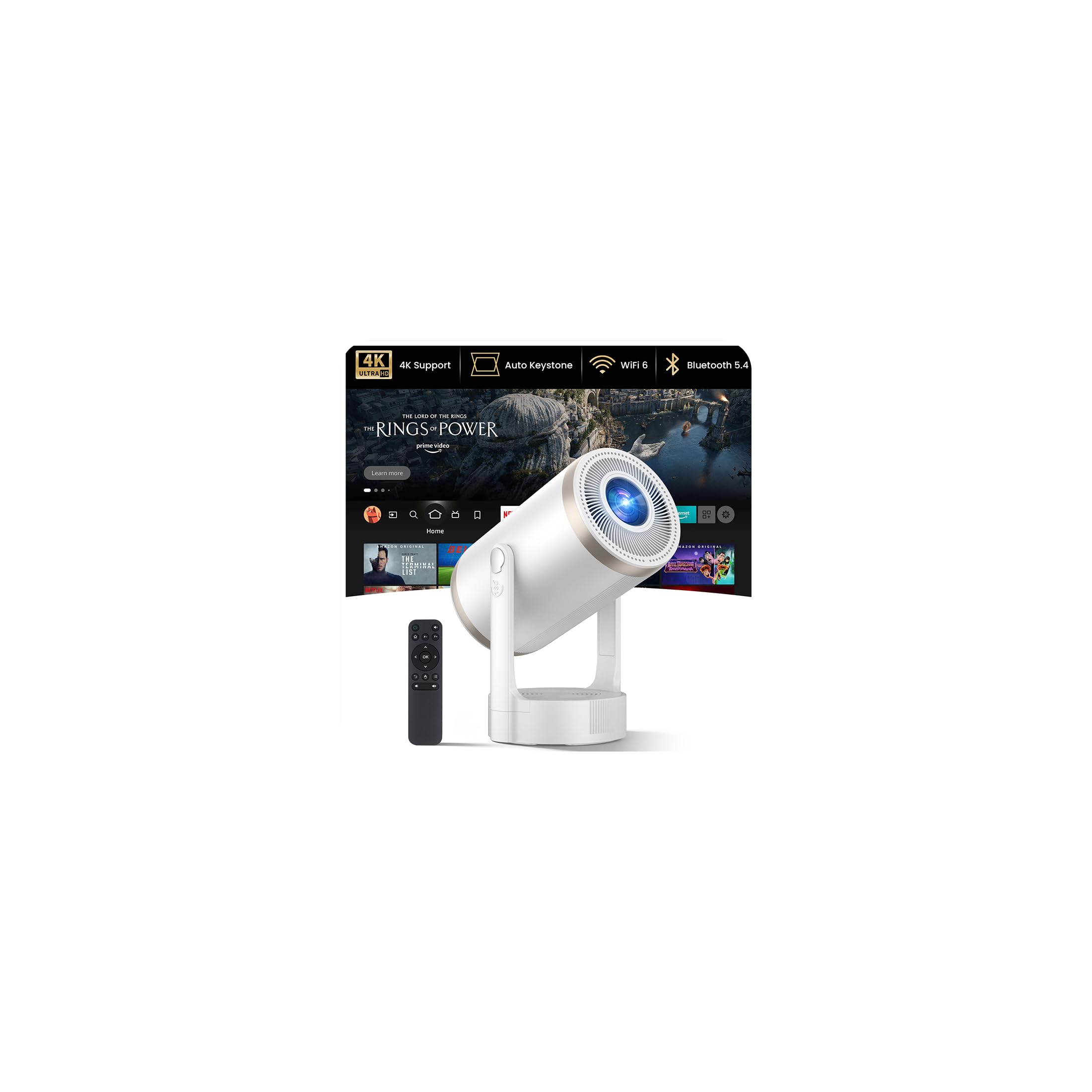 Proyector Portátil Soporte 4K 1080P, Mini Proyector Android 12.0 WiFi 6 | Bluetooth 5.4, 22,000 Lumen Automática Keystone & Enfocar, 3 Formas de Instalación 180° Rotation para Cine en Casa Exterior