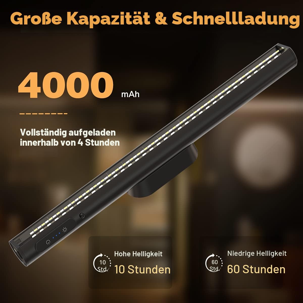 Unterbauleuchte Küche LED Akku, 4000mAh Schrankbeleuchtung mit Fernbedienung Magnet, Dimmbare Lichtleiste Batterie Kabellos,Aufladbar USB Batteriebetrieben Lampe für Spiegel Schreibtisch Wand