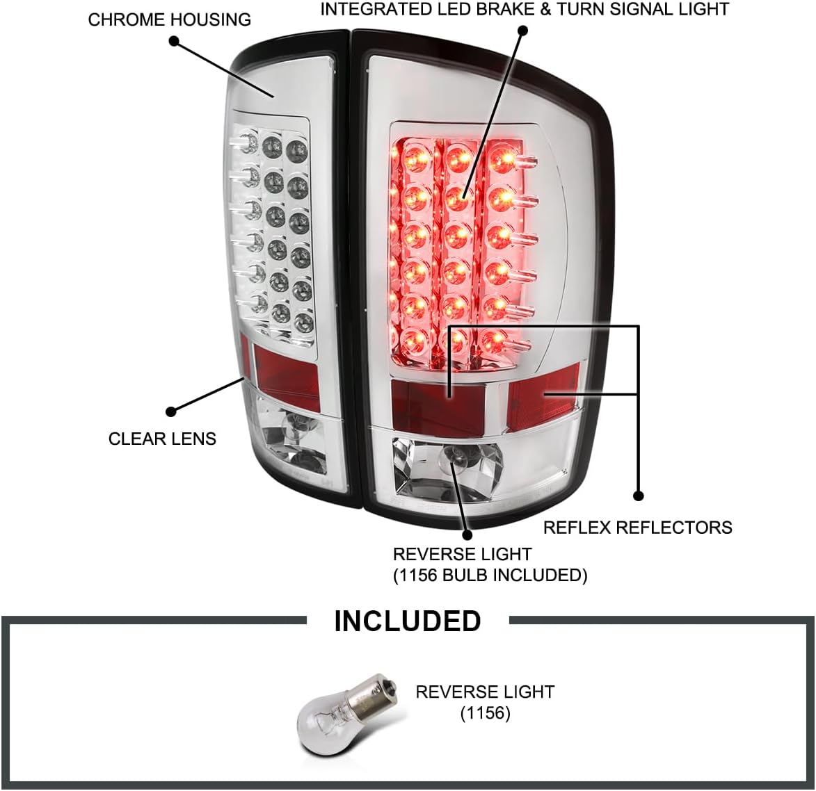 SPEC-D TUNING Chrome LED Tail Lights Compatible with 2007-2008 Dodge Ram 1500, 2007-2009 Dodge Ram 2500/3500, Left + Right Pair Assembly