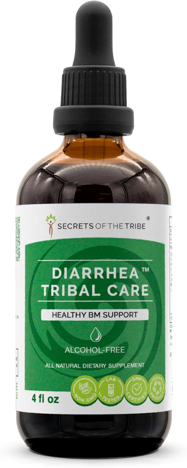 Secrets of the Tribe Diarrhea Tribal Care Tincture Alcohol-Free Extract, Herbs BlackBerry Rubus Fruticosus, Chamomile Matricaria Recutita, Goldenseal Hydrastis Canadensis Healthy Digestion 4 OZ