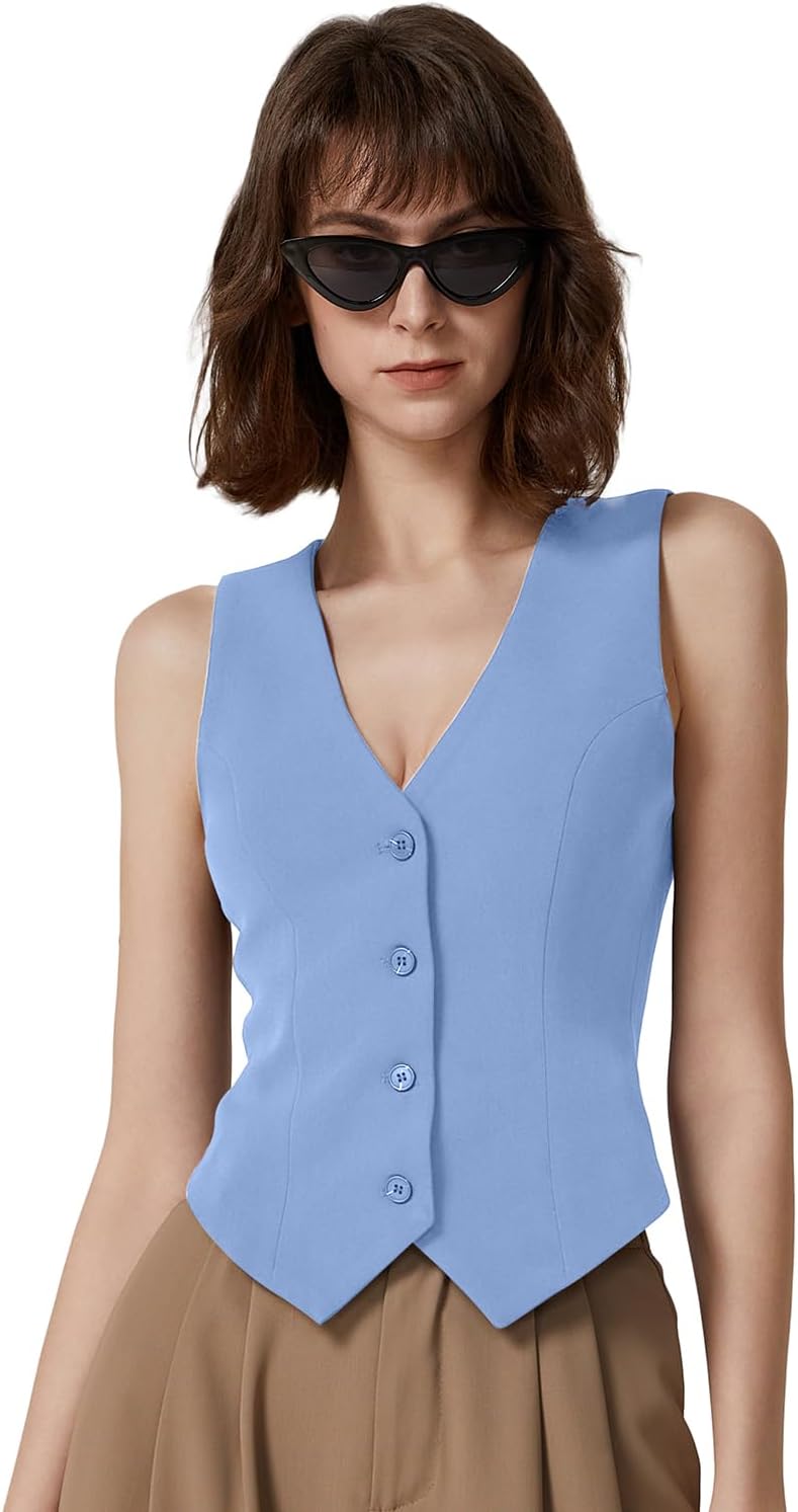 QINSEN Womens V Neck Vest Top Sleeveless Button Down Fully Lined Solid Going Out Crop Tops - Image 5