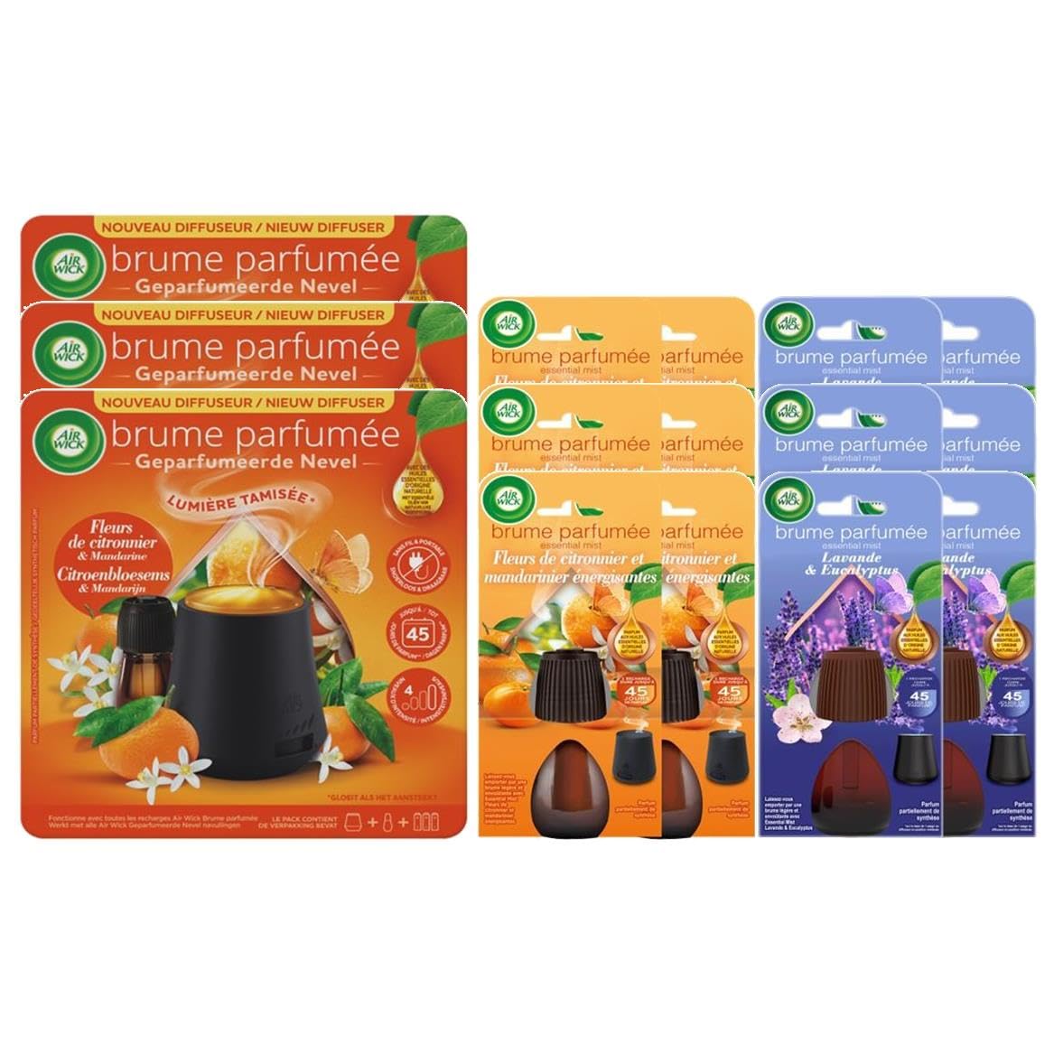 Air Wick Brume - Lote de 3 difusores luminosos, flor de limonero, 20 ml + 12 recargas: 6 flores de limonero + 6 lavanda y eucalipto