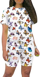 Go Mai Womens 2 Pieces Sports Outfit Tracksuit Sequin Lips&Butterfly Print Top and Short Pants with Pocket Sweatsuit Set