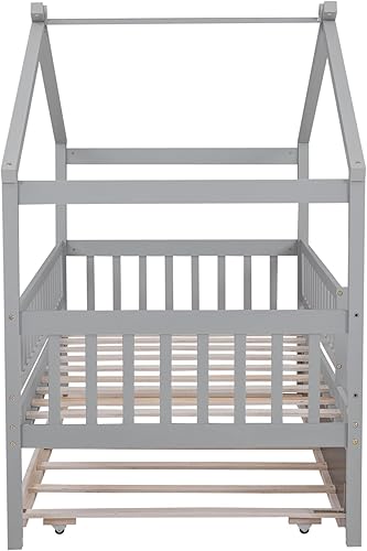 Miniatura 191 de Merax Cama de madera de tamaño individual con dos cajones, marco de cama de madera con techo para niños, adolescentes, niños o niñas, gris